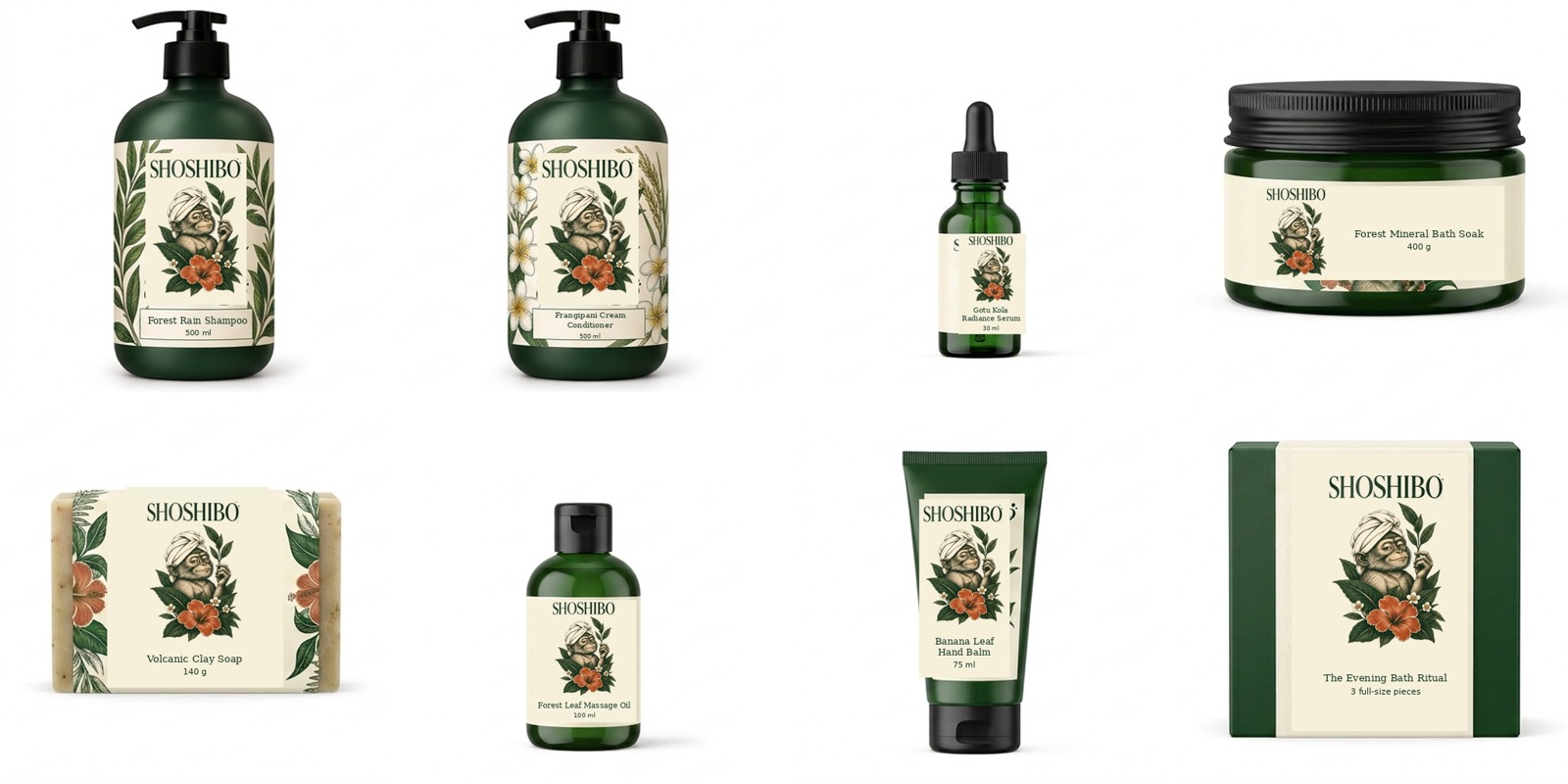 Shoshibo botanical collection: forest-green shampoo and conditioner bottles, skincare, soap, bath salts, hand balm and a ritual gift box