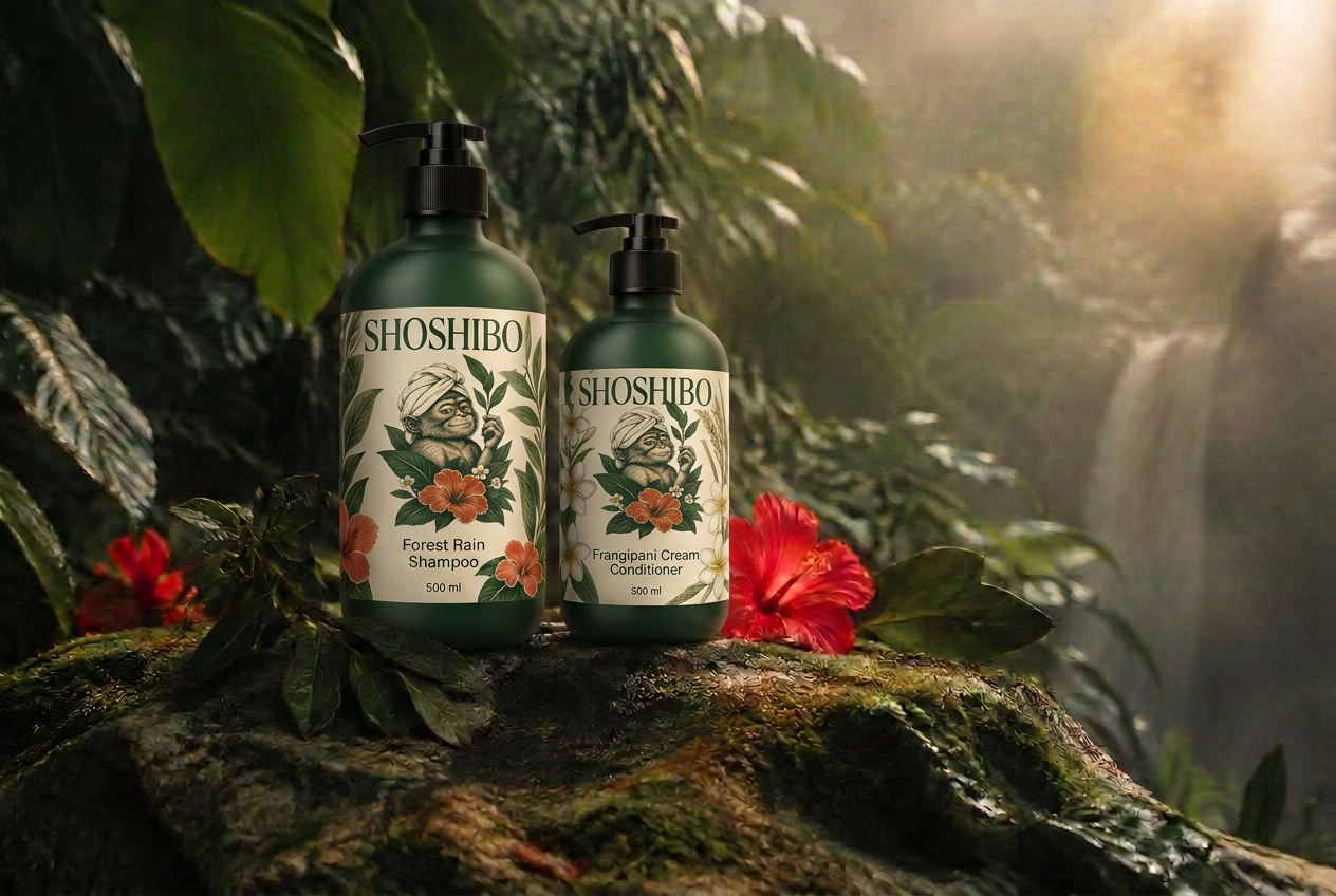 Shoshibo forest-green botanical bottles on a mossy stone in a Balinese rainforest